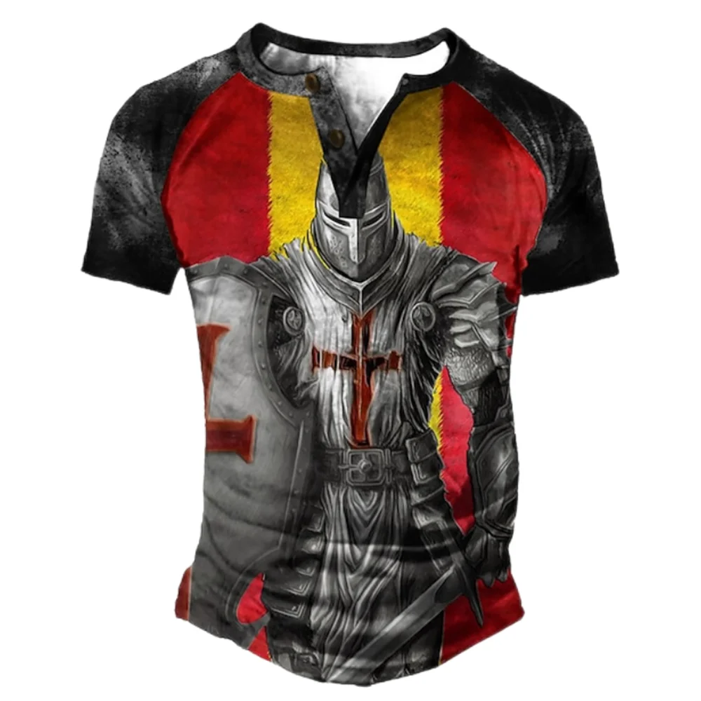 Knights Templar 3D Print Vintage Henley Shirts Men\'s Casual Fashion Streetwear Oversized Short Sleeve T Shirt Tees Tops Clothing