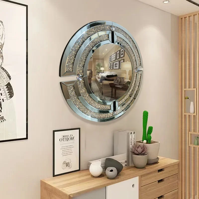 Foreign trade wall mounted light luxury circular diamond mirror French bathroom cabinet mirror makeup mirror living room decorat