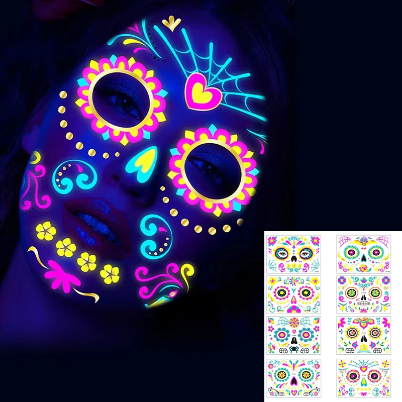 

Fluorescent Temporary Tattoo Waterproof Luminous False Tattoo Day of the Dead Halloween Nightclub Makeup Glowing Sticker Women