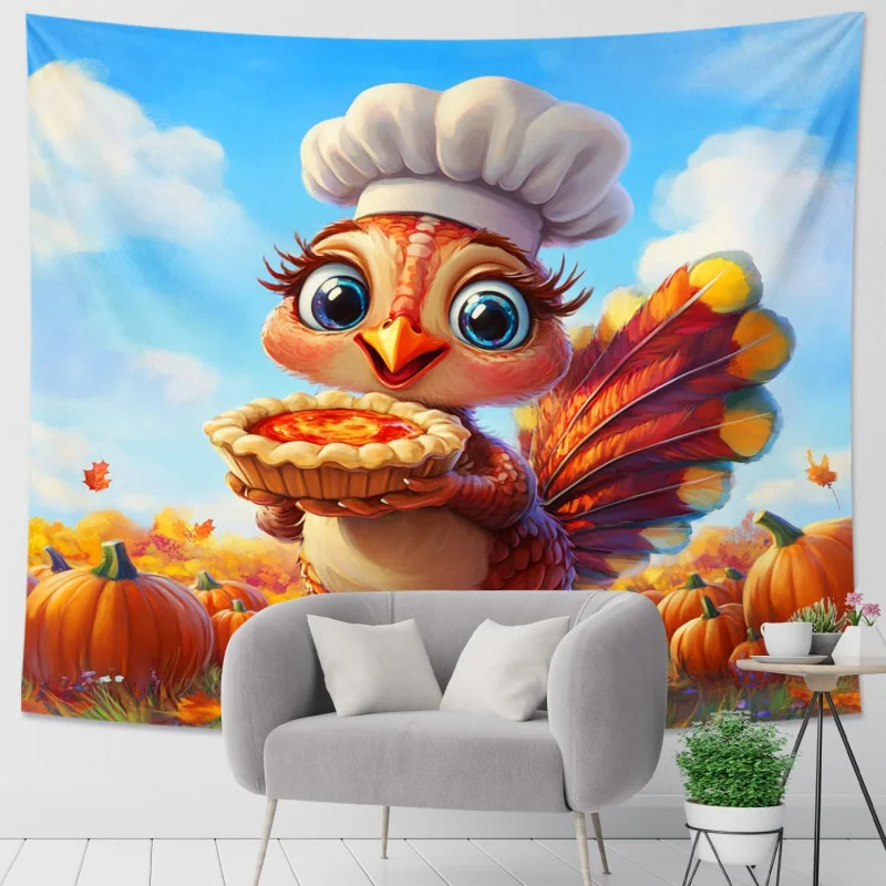 

Thanksgiving Harvest Tapestry, Cute Turkey Chef with Pumpkin Pie Wall Hanging