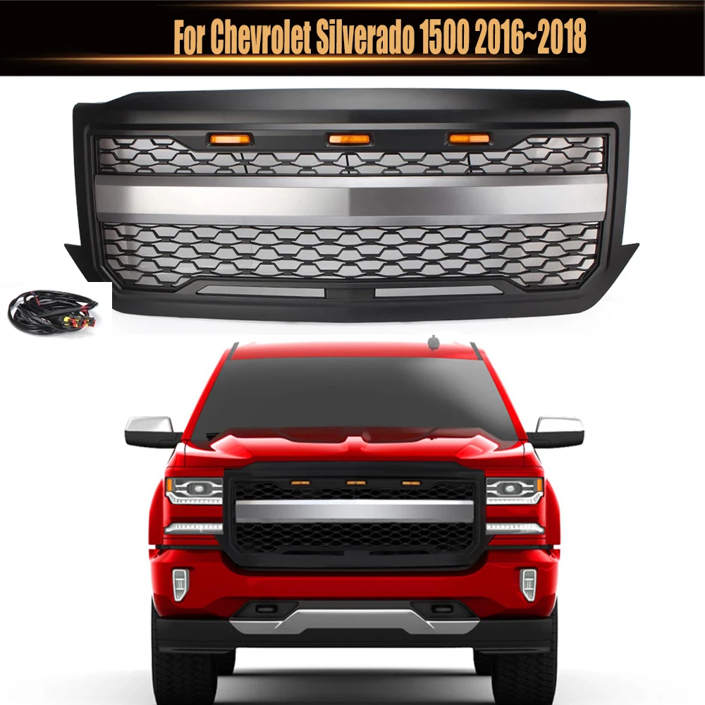 

For Chevrolet Silverado 1500 2016~2018 Front Bumper Mesh Grill Radiator Upper Grille Car Racing Grille Wiht LED Light Fit