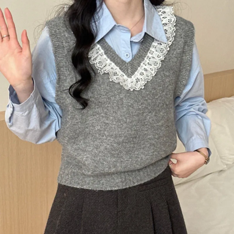 

Вязаный женский свитер, жилет, новый кружевной вязаный свитер без рукавов с v-образным вырезом, жилет, женские топы, верхняя одежда, свитера Sueters De Mujer Q1249