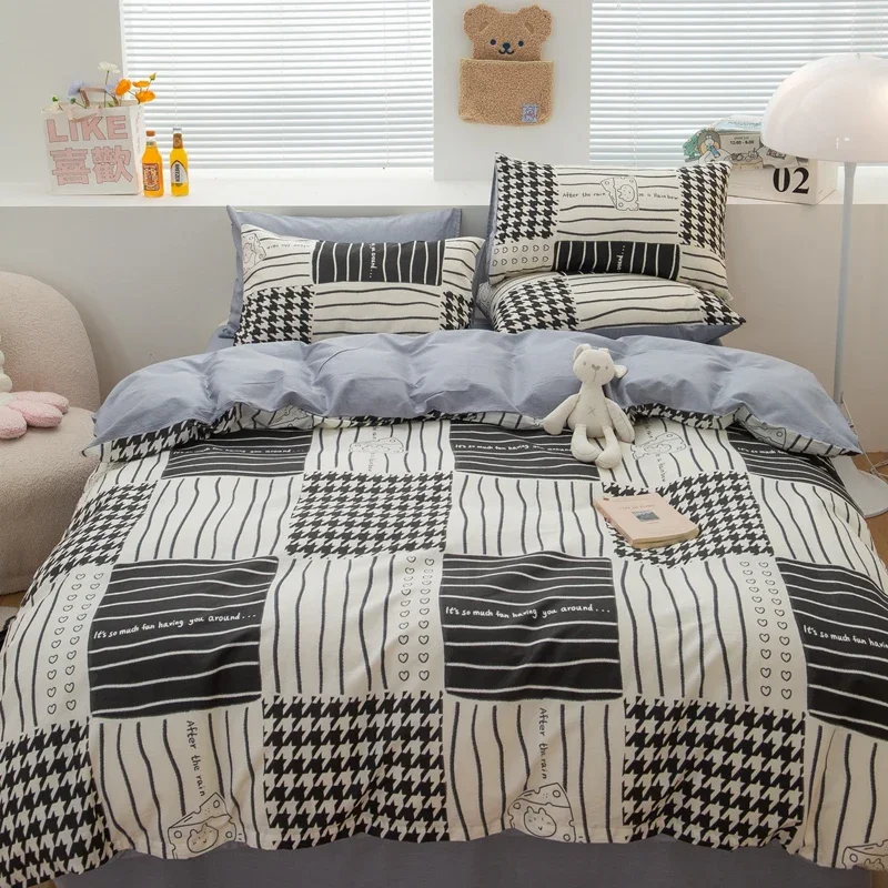 Black and White Striped Duvet Cover Set 3 Piece Pure Cotton Houndstooth Plaid Soft Bedding Geometric Reversible Comforter Covers