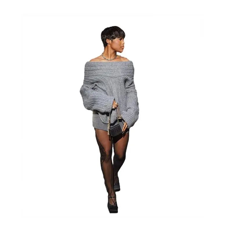 Faionable casual solto longo sve camisola de malha na moda design de um ombro cor feminina premium inverno topo