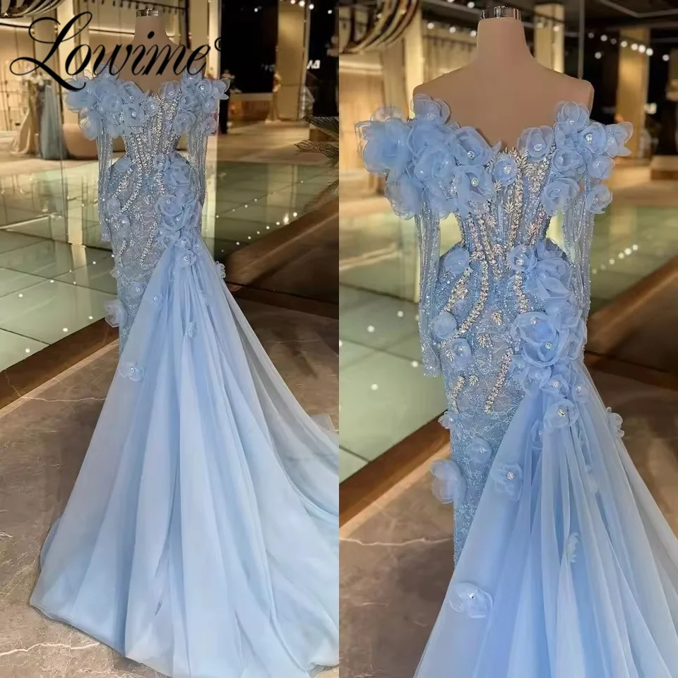 

Sky Blue 5D Flowers Romantic Evening Dress Off Shoulder Crystals Prom Dresses Long Sleeve Wedding Party Gowns Vestidos De Noche