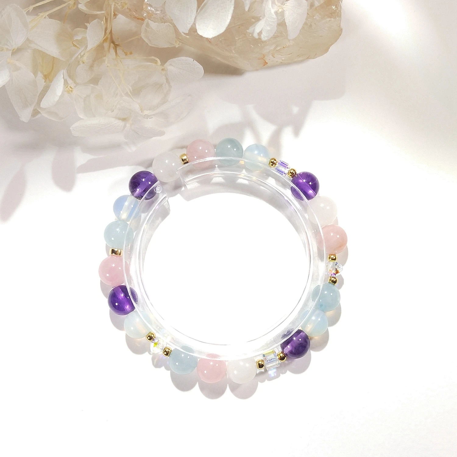 Lii Ji Amethyst Aquamarine Opalite Moonstone Natural Stone With Crystal 6/8mm American 14K Gold Filled Elastic Bracelet