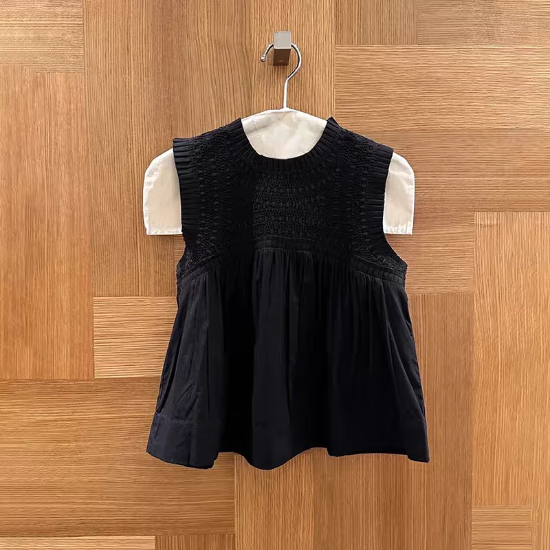 

2025 Early Autumn New Sle Simple Bla Accordion Pleated Svel Knitted round Ne Women's Vest Breathable Loose Fit Co...