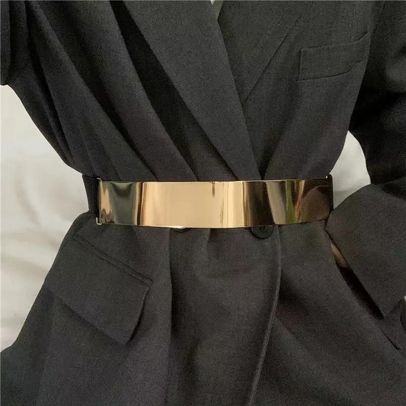 New Simple Golden Thin Iron Sheet Elastic Ladies Waist Seal Gold Glitter Accessories Belt With Coat Dress Women Waistband