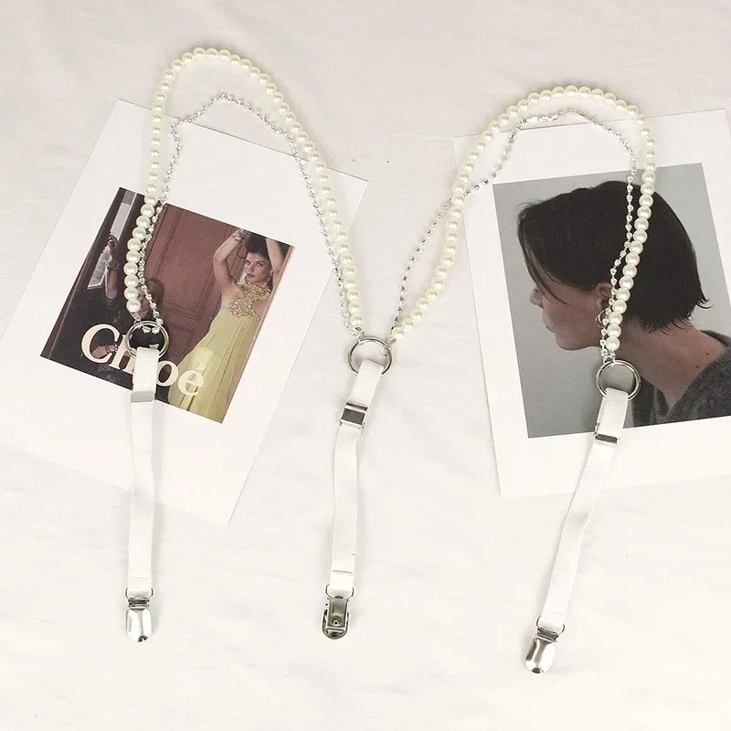 Elegant Pearl-Decorated Suspenders Waist Belt Fashionable INS Elastic Suspenders with Three Clips for Lady\'s Party Dress Outfit