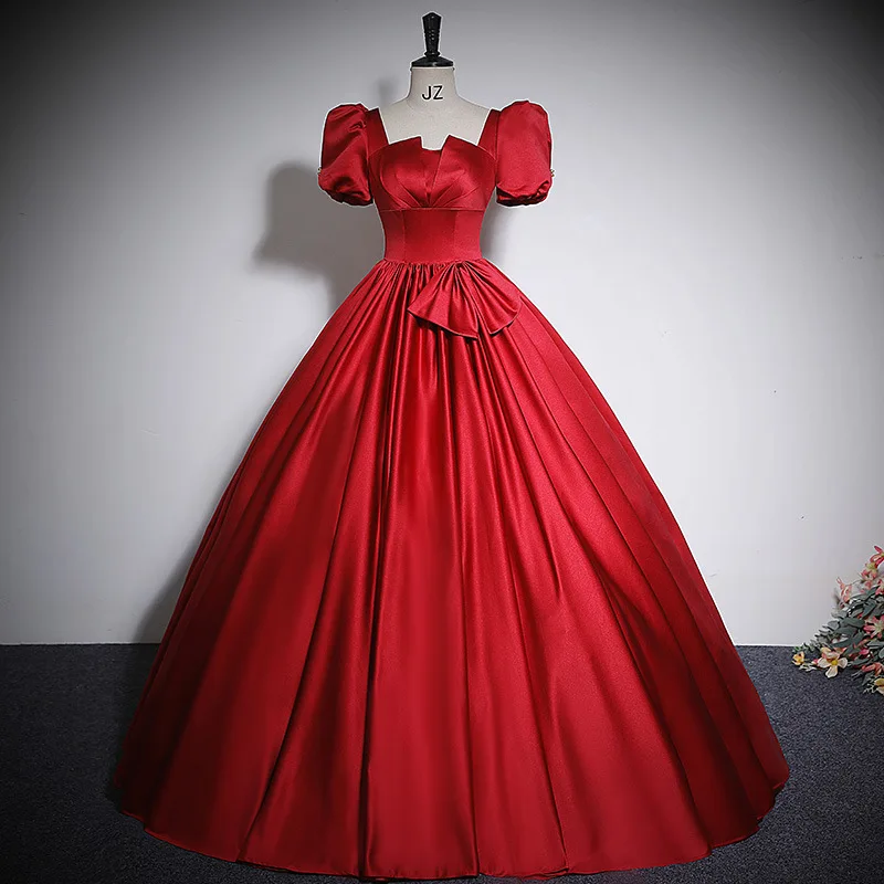 Female Satin Formal Party Dress Retro French Palace Style Prom Dress Banquet Dress Temperament Square Neck Pleated Maxi Dress