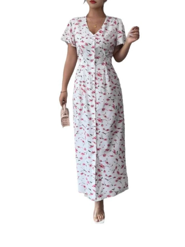 Summer New Style Advanced Feeling Dress Printing Design Short Sleeved Long Skirt Sweet V Neck Commute Waist Hugging Dress