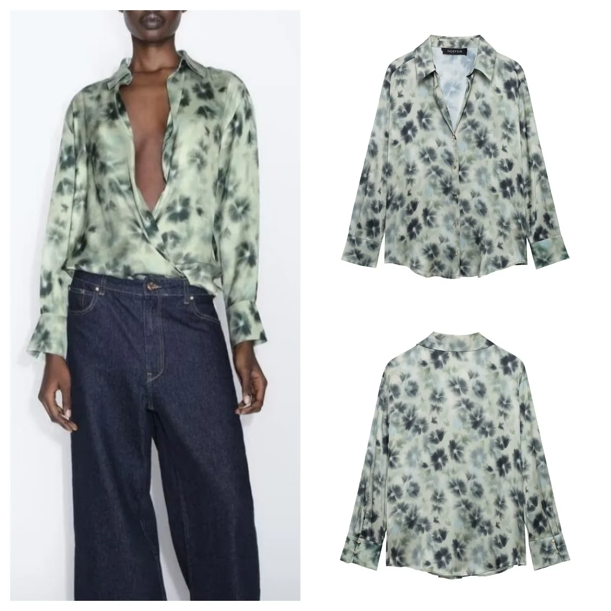 

European and American style spring new flower printed silk satin texture long-sleeved casual shirt