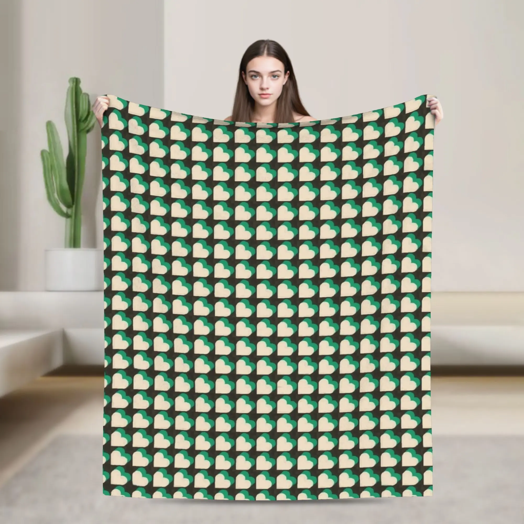 Custom Love Hearts Green Orla Kiely print Blankets Warm Flannel  Throw Blanket for Sofa Bedroom Bedding