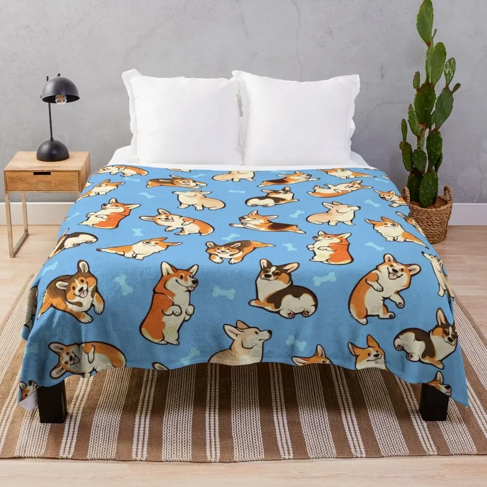 

Jolly corgis in blue Throw Blanket Fluffy Softs Flannel Fabric Blankets For Bed Blankets For Baby Blankets