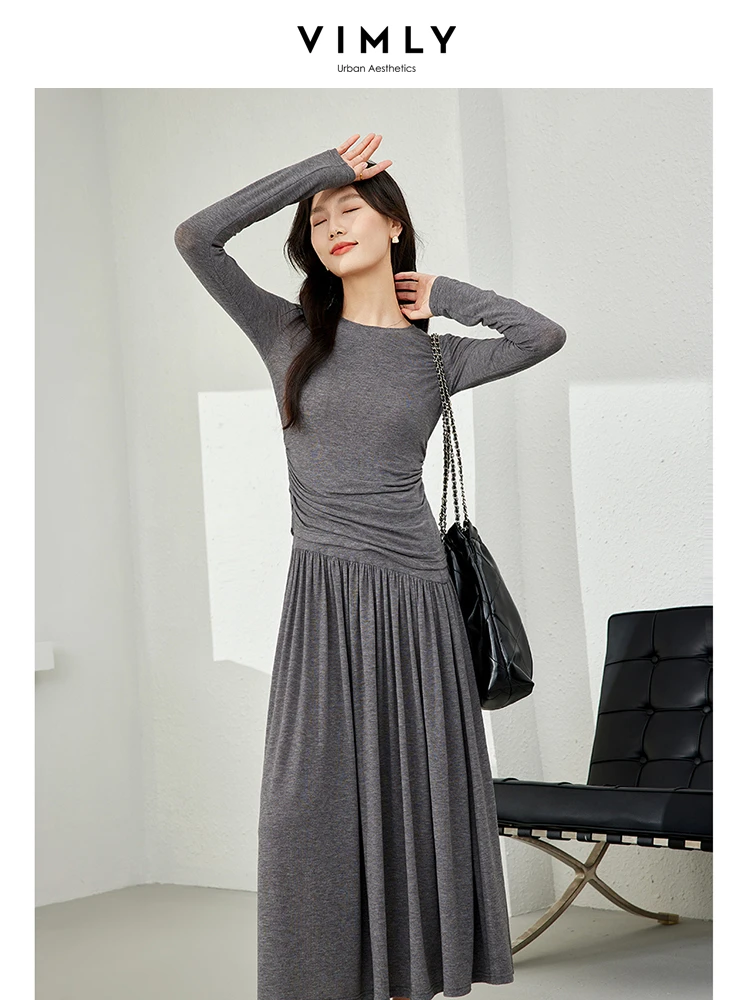 Vimly Spring Grey Skirt Set Women 2 Piece Outfits Shirring T-shirts Elastic Waist Maxi Skirt 2024 New in Matching Set M6120