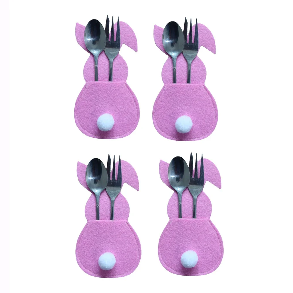 4pcs Easter Rabbit Knife and Fork Bag with Tail Rabbit Cutlery Holder Bag Happy Easter Day Party Supplies 2023 Cutlery Cover