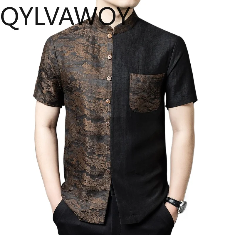 

QYLVAWOY 100% Natural Mulberry Silk Shirts Xiangyunsha Men's Shirts 2025 New Summer Tops Short Sleeve Chinese Menswear Clothing