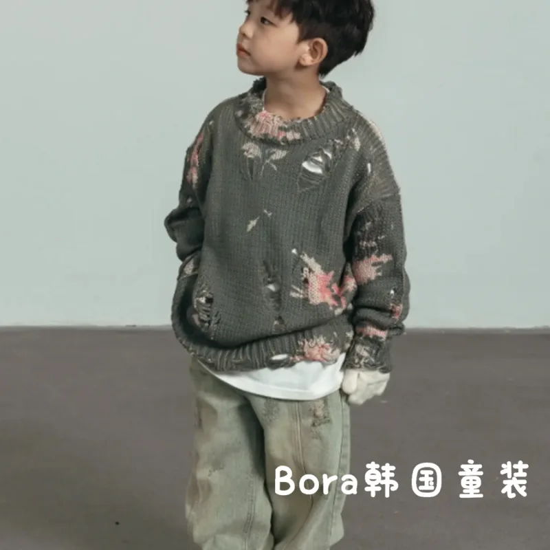 

Boys Sweater Wool Coat Kids Tops Knitting 2023 Floral Thicken Warm Winter Autumn Velvet Cottons Toddler Children's Clothing