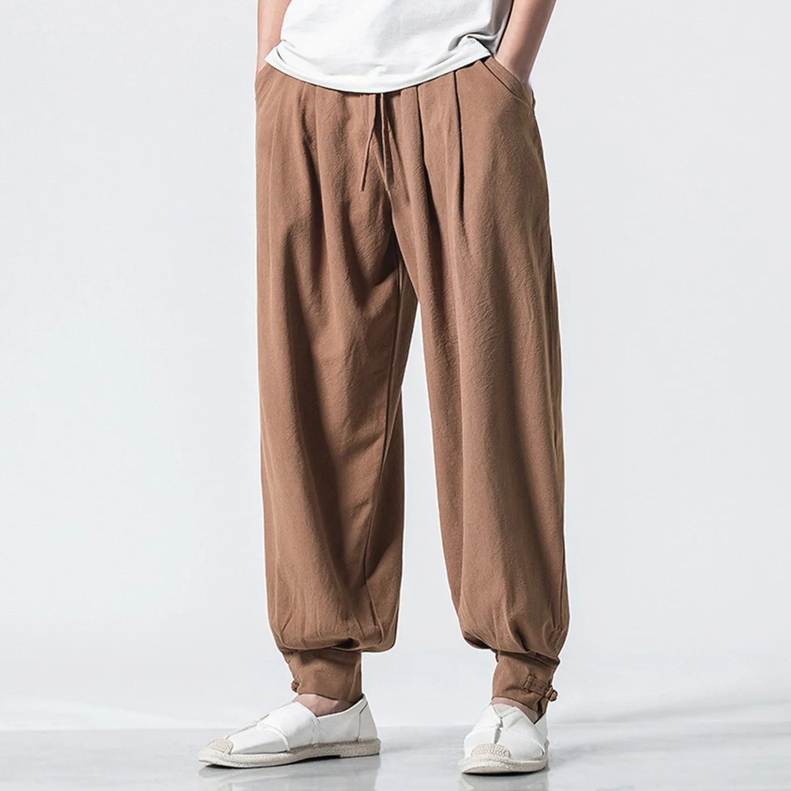 Men Drawstring Pants Summer Baggy Boho Yoga Loose Casual Drop Crotch Trouser With Pockets Cotton Casual Loose Trousers