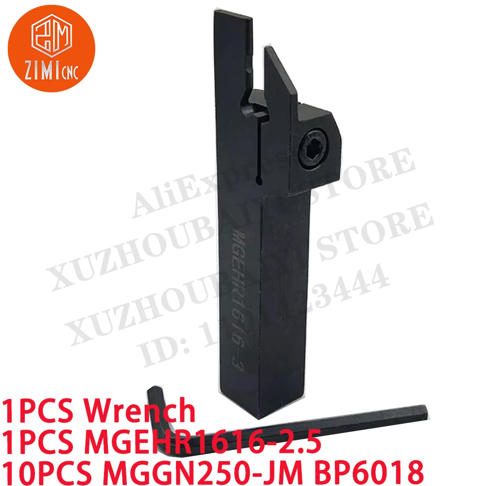 1PC MGEHR1616-2.5 선반 홈 절단 선반 공구 홀더 + 10PC MGGN250-JM 카바이드 인서트 CNC 금속 기계 절삭 공구