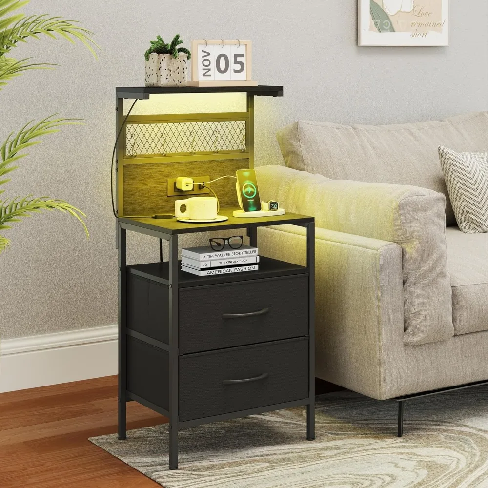 

Bedside Table with Charging Station and LED Lights, Nightstands with Fabric Drawers, Storage Shelves, Iron Mesh with Metal Hooks