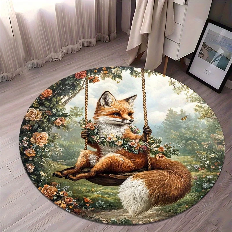 

Swinging on a swing, the fox Flannel-printed round floor mats are slip-resistant Suitable for living room terrace garden carpets