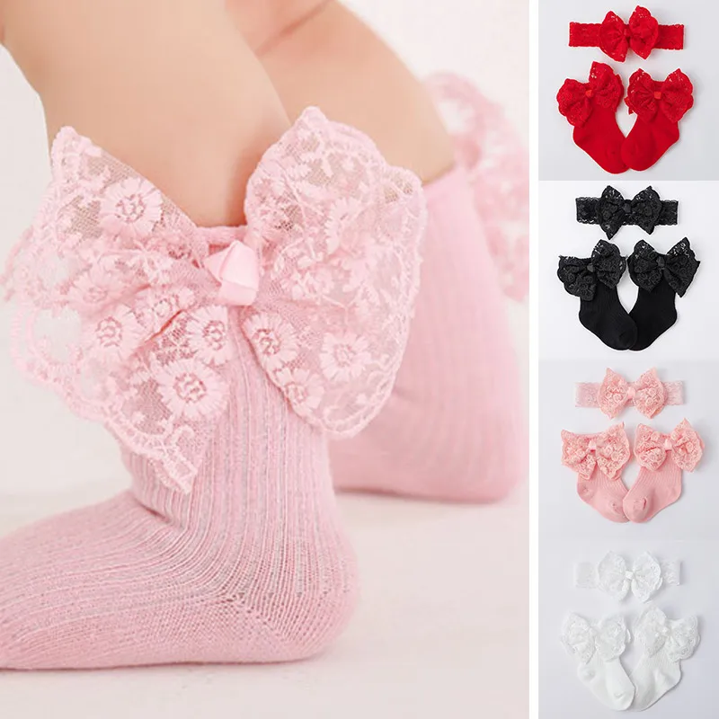 

Комплект носков с повязкой на голову для детей от 6 до 12 месяцев, кружевные эластичные ленты принцессы для девочек с бантом, весенне-осенние детские мягкие хлопковые носки средней длины