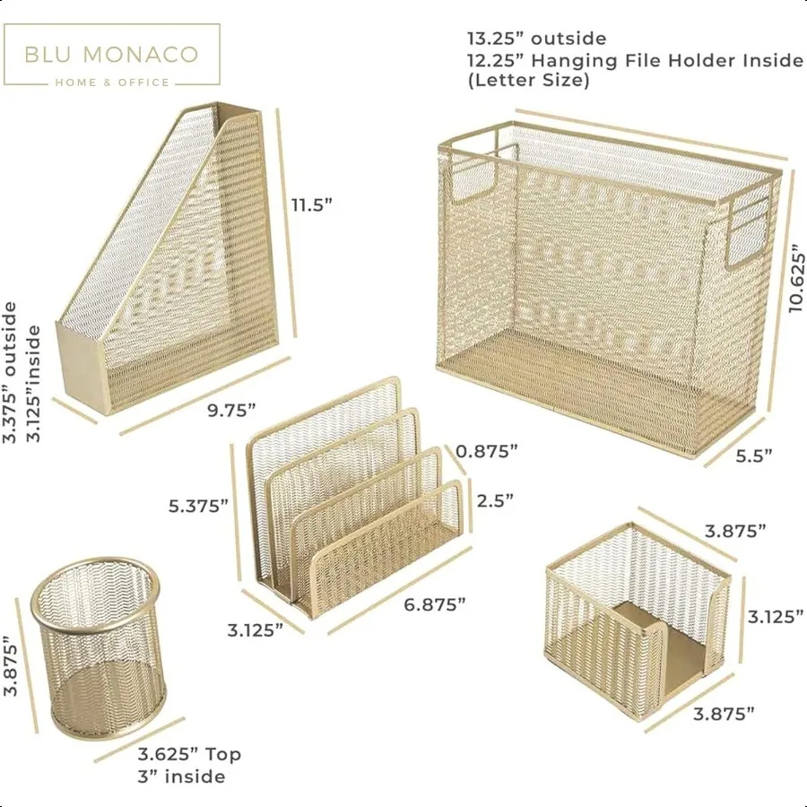 مجموعة إكسسوارات مكتب ذهبية مكونة من 5 قطع لتنظيم المكتب باللون الذهبي مع حامل ملفات معلق وإكسسوارات مكتب ذهبية للنساء