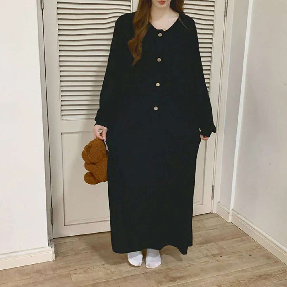 2024 New Half Cardigan Mid-Length Nightdgown For Women Spring Solid Long Sleeved Round Neck Home Nightdress Simple Casual Pajama