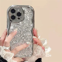 Luxury Bling Silver Plating Wavy Phone Case For iPhone 15 14 13 12 11 Pro Max X XR XS Glitter 3D Epoxy Shockproof Bumper Cover