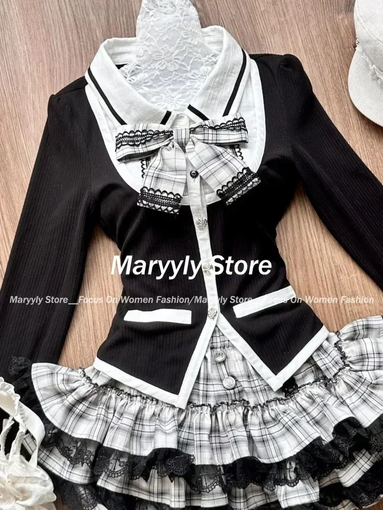 Gothic Y2k Vintage Preppy Style 2 Piece Set Women Sweet Bow Knitted Cardigan Ruffles Plaid Mini Skirt Fashion Lolita Outfits New