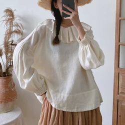 Johnature 2024 New Ruffles Collar Simple Vintage Linen Women Solid Color Shirts Spring Autumn Loose All Match Female Blouses