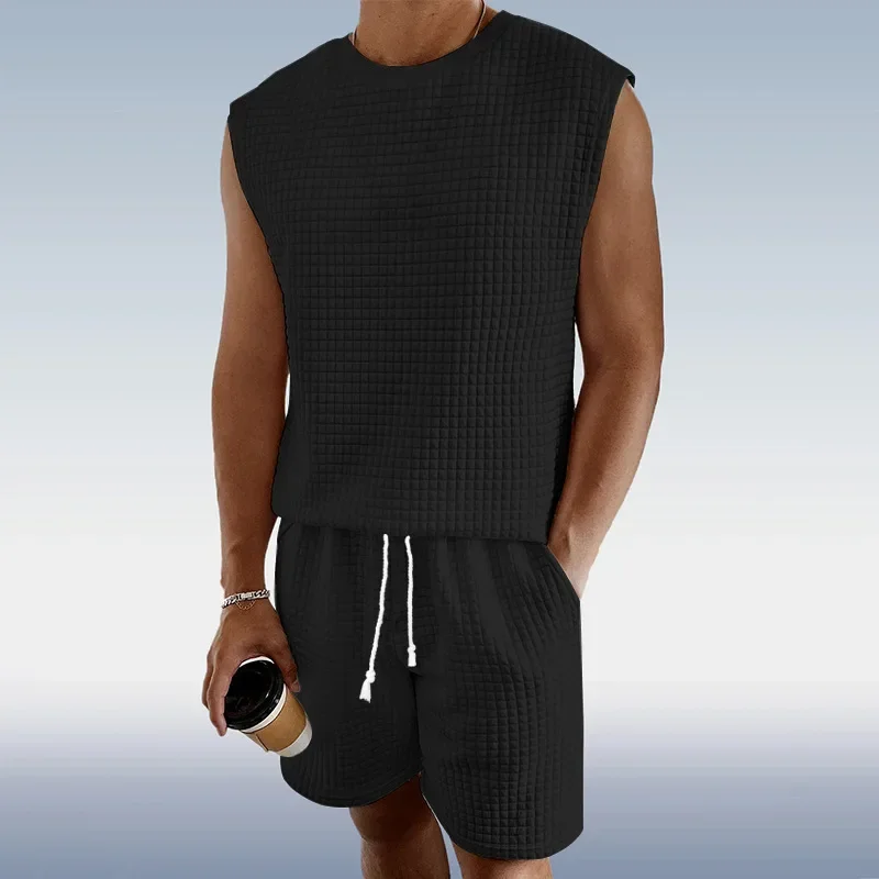 New Men's Sports Set Summer Casual Set Small Checkered Sleeveless Vest Shorts Two-piece Set for Men