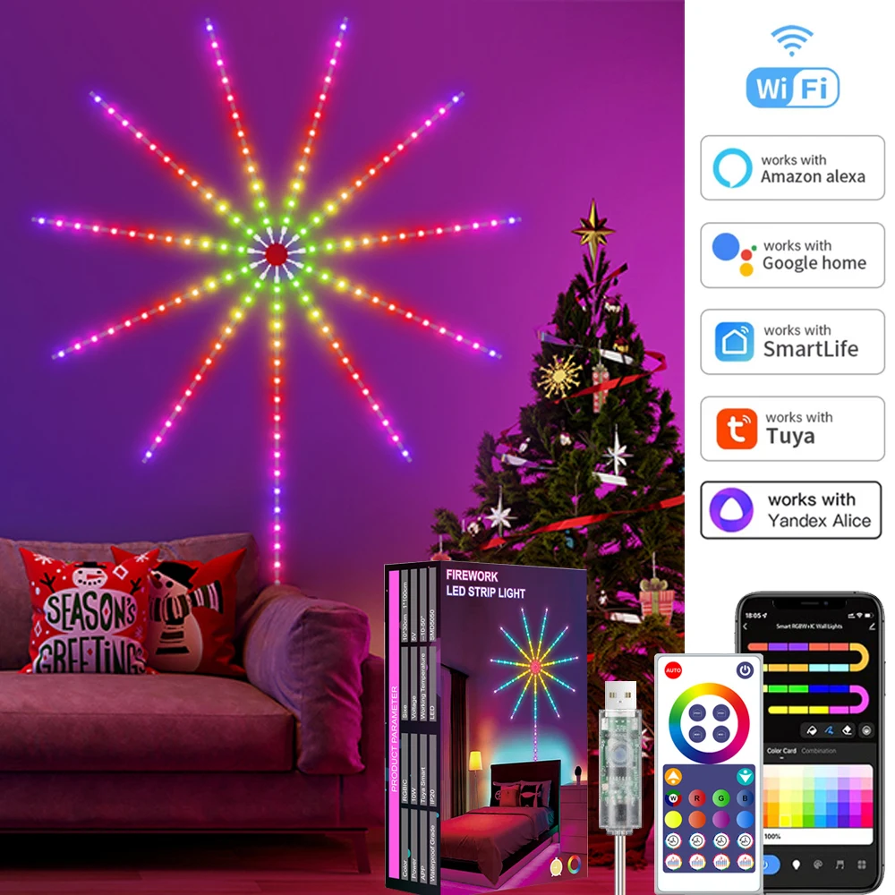 TUYA WiFi Fireworks Lights USB 5V RGBIC LED String Lights Music Sync Dream Meteor Lamp Festival Wedding Christmas Party Decor