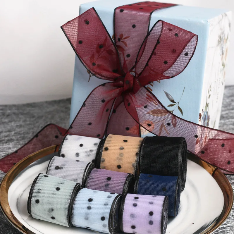 25/38mm Dot Printed Organza Chiffon Lace Ribbon DIY Craft Packing Bow Garment Sewing Handmade Hair Accessory Christmas Ribbon