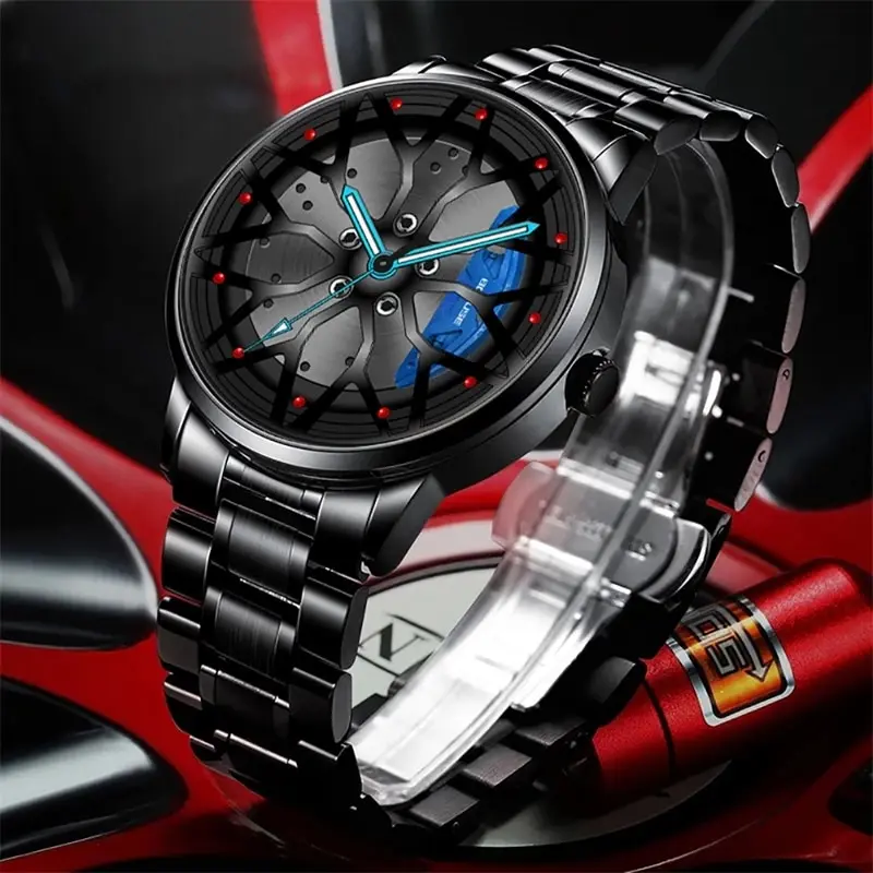 Fashion Mens Car Wheel Watches Luxury Men Sports Waterproof Quartz Wristwatch Stainless Steel Wheel Hub Watch Relogio Masculino