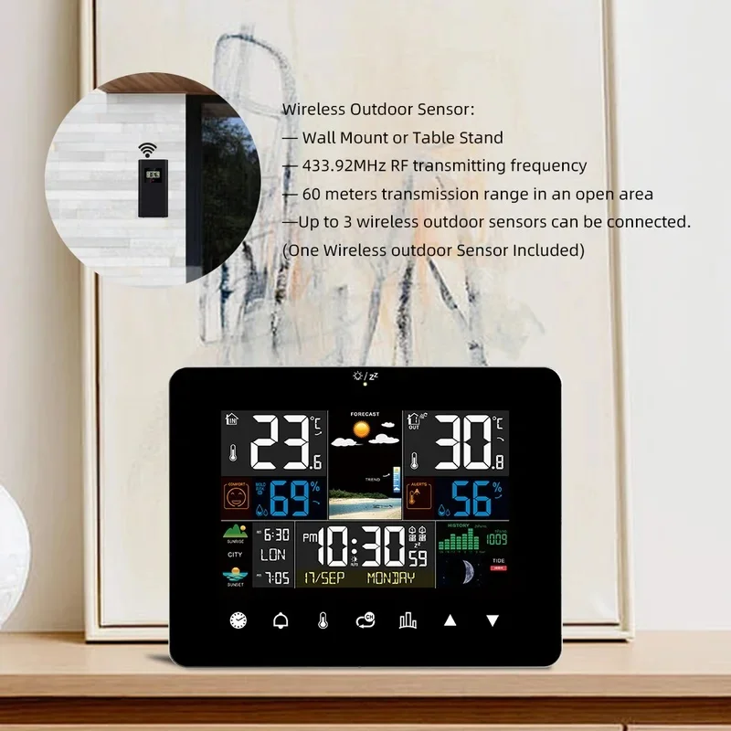 Multifunctional Weather Station Alarm Clock Touch Screen Thermometer Hygrometer Wireless Sensor Sunrise Sunset Hygrothermograph gallery 1