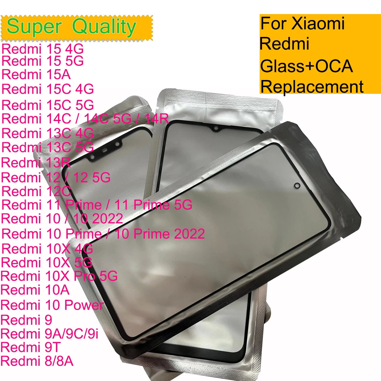 10Pcs For Xiaomi Redmi 15 15A 15C 14C 14R 13C 5G 13 13R 13X 12 12C 11 10 9 9A 9T Touch Screen Panel Front Outer Glass With OCA