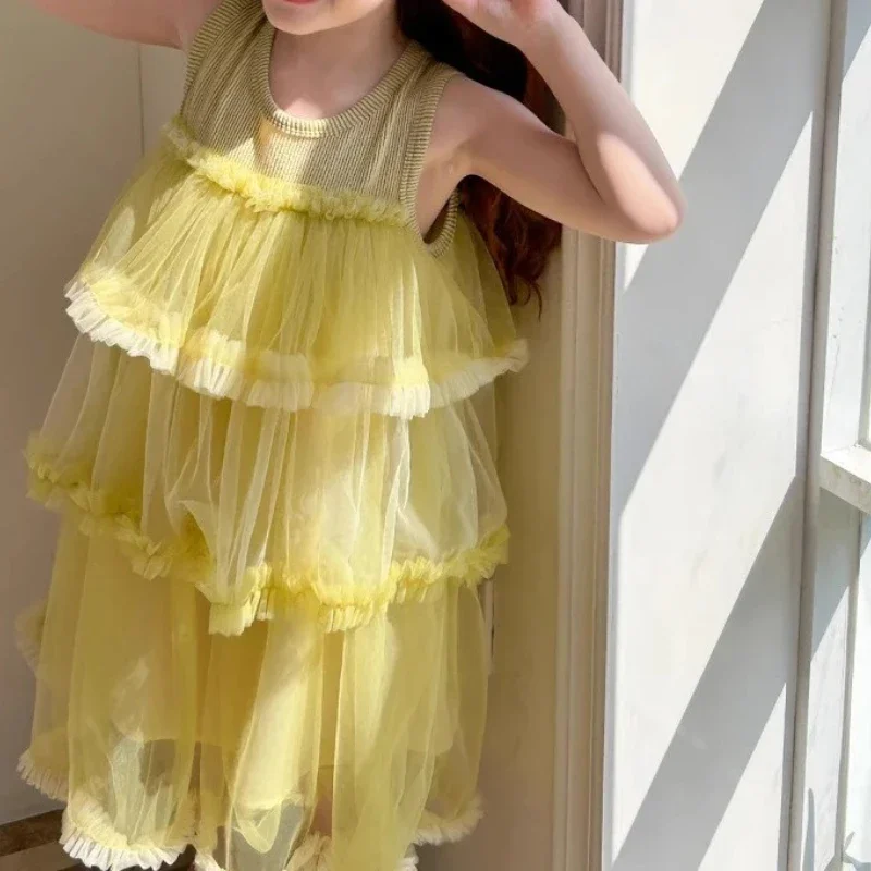 

2025 Summer New Girls' Cotton Splicing Mesh Multi Layer Cake Skirt