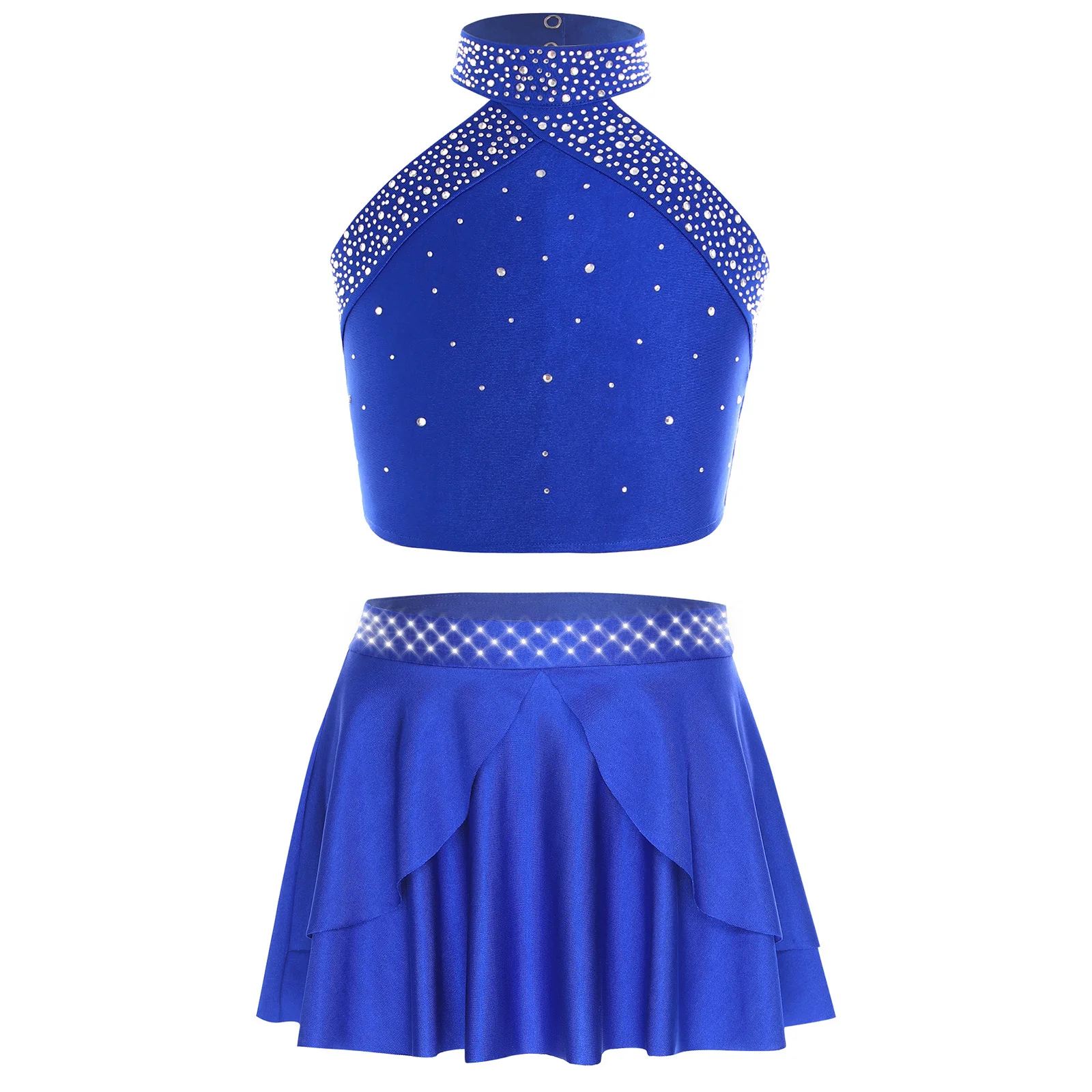 

Kids Girls Lyrical Dance Outfit Halter Cross Back Shiny Rhinestones Tank Crop Top+Irregular Hem Skirt for Figure Skating Ballet