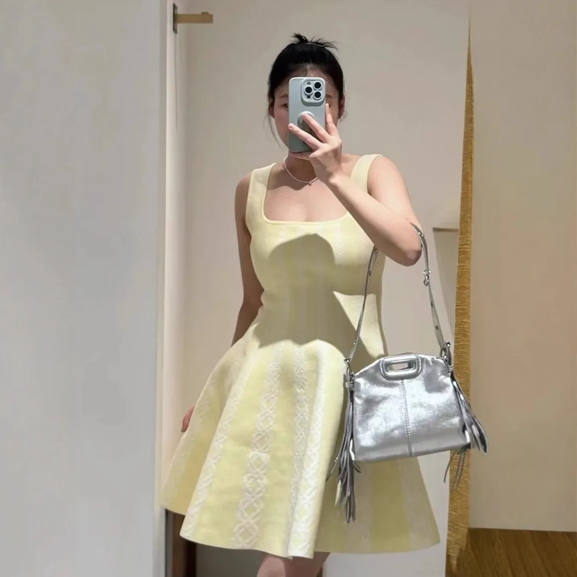 

Spring/Summer Women Striped Contrasting Knit Set Short Sleeve Single Breasted Cardigan + Square Neck Sleeveless A-Line Dress