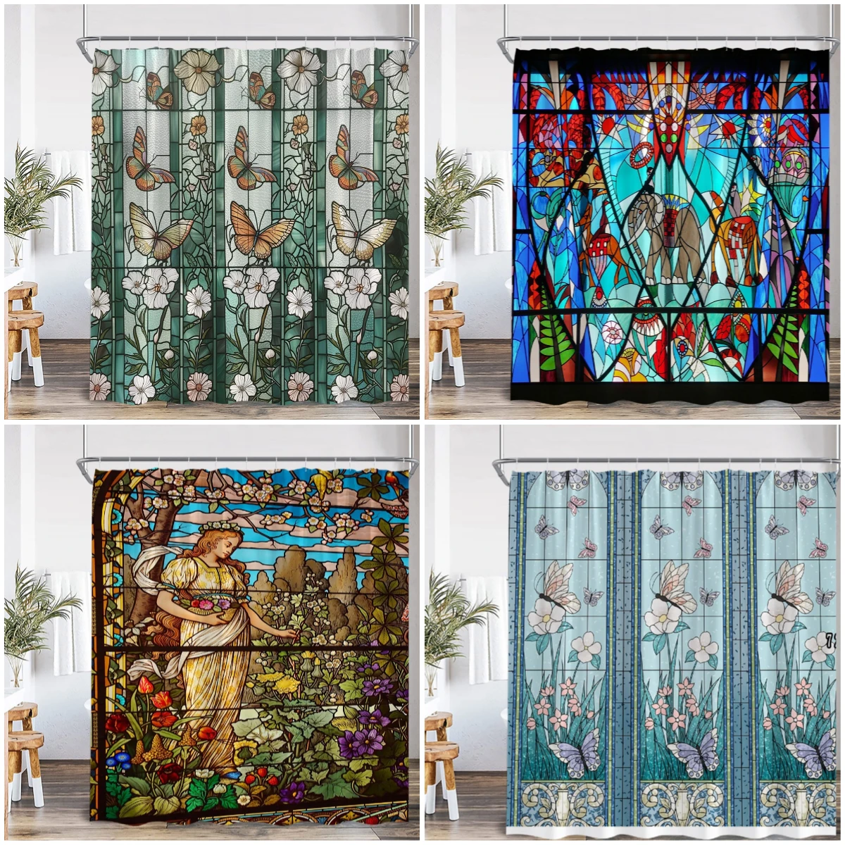 

Stained Glass Garden Shower Curtain Butterfly Flowers Church Colored Painting Glass Wall Art Bath Curtain Aesthetic Bath Curtain