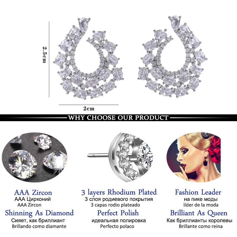 LXOEN Silver Color Luxury Big CZ Earring Exquisite Round Zircon Stud Earring Circle Jewelry Pendant Gift