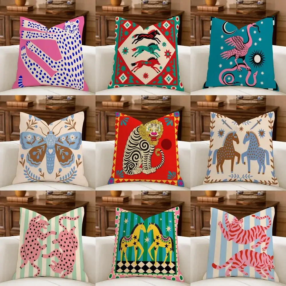 Eclectic Animal Print Cushion Cover Natural Breathable Durable Linen Printed Decor Pillow Case Sofa Bedroom