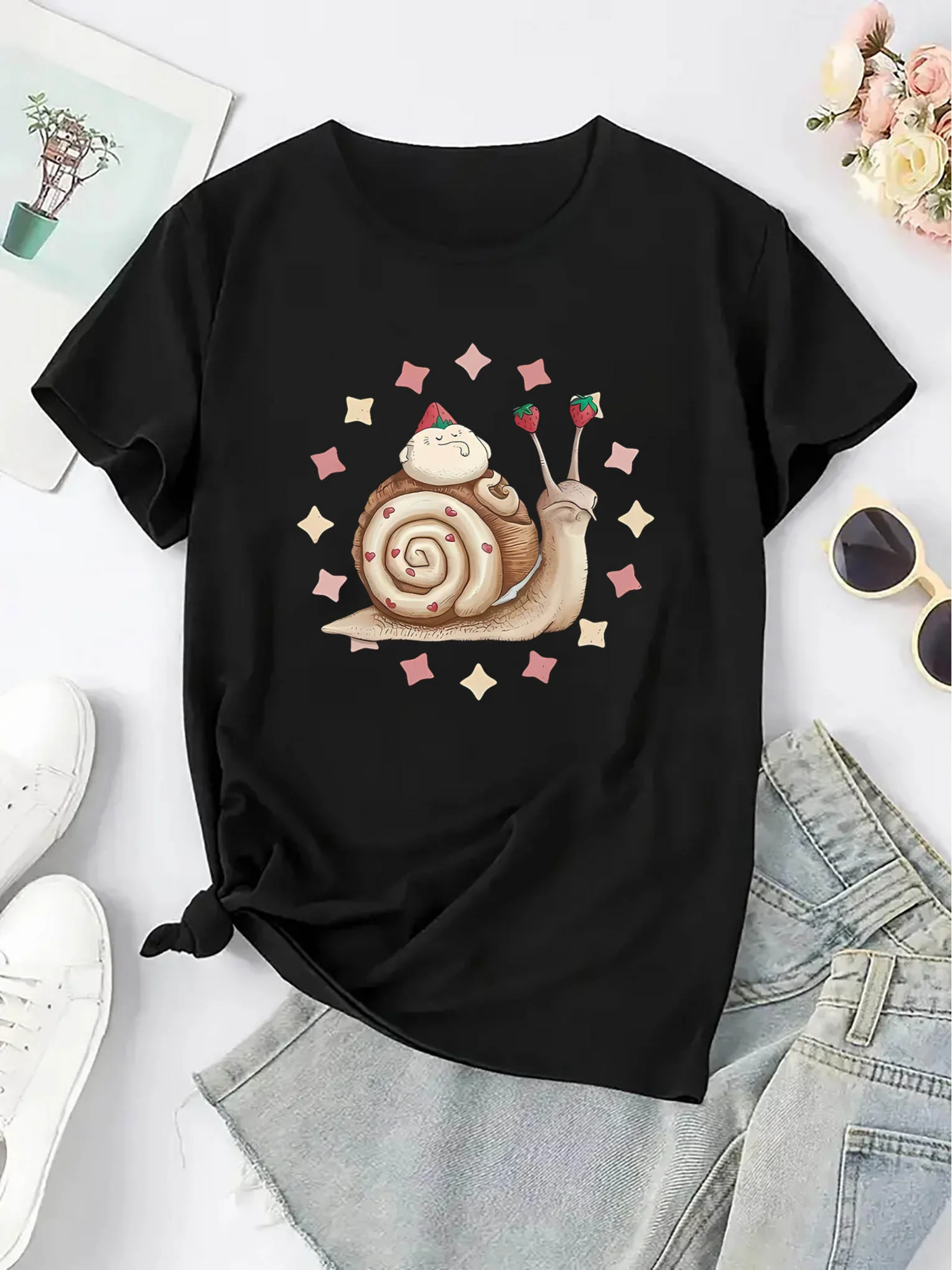 Cute strawberry snail and Christmas hat design shiny geometric pattern Christmas T-shirt