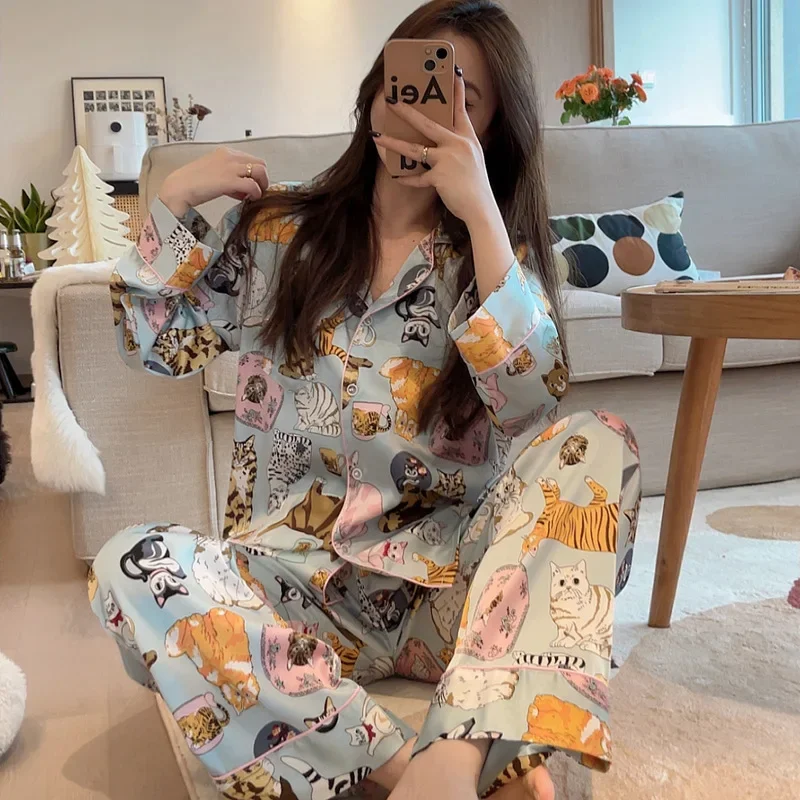 Pijamas para mulheres primavera e outono bonito gato cardigan manga comprida pijamas conjunto cetim loungewear lingerie feminina kawaii menina pjs