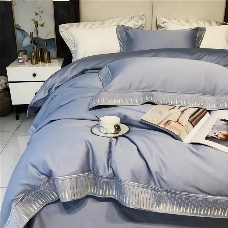 2024 High-end Light Luxury Style Long-staple Cotton Four-piece Set Pure Cotton New Sate Embroidery Quilt Set Bedding Blue Color