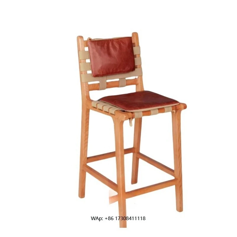 Wooden Legs Top Grain Leather Seat High bar Stool Chair Luxury Unique Belt Weaving Coffee Dining Bar Stool