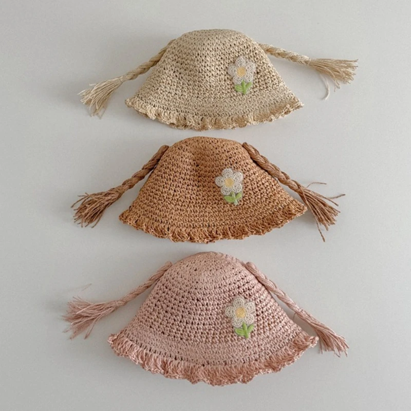 Sombrero de sol tejido de paja transpirable para bebé, bonita peluca trenzada, sombrero de cubo para niño y niña, gorro de playa de viaje al aire libre