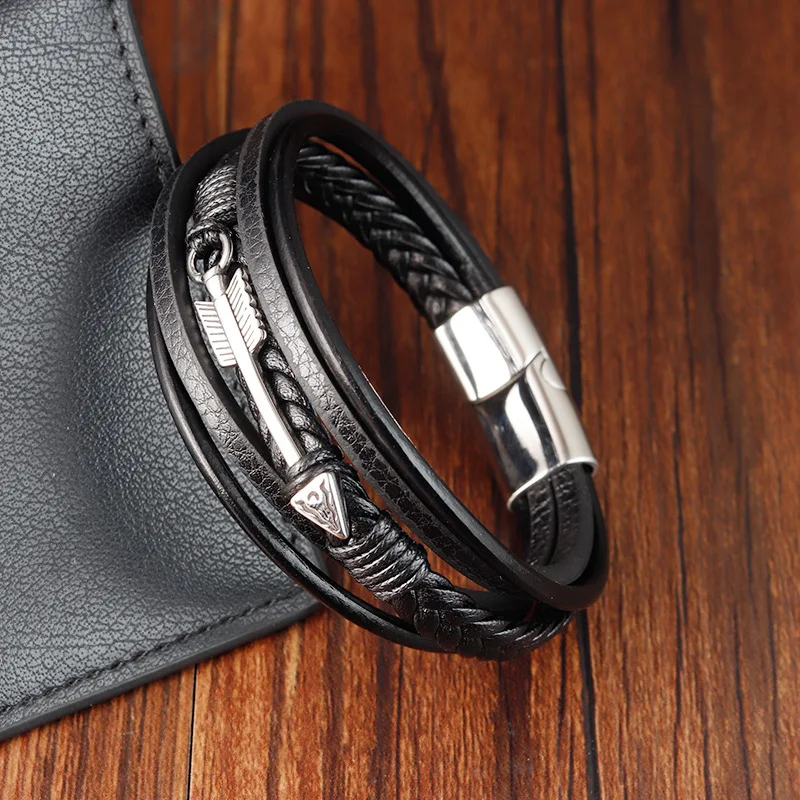 Charm Italian Stainless Steel Jewelry Genuine Leather Bracelet Hip-hop Arrows Multi-layer Woven Bracelet